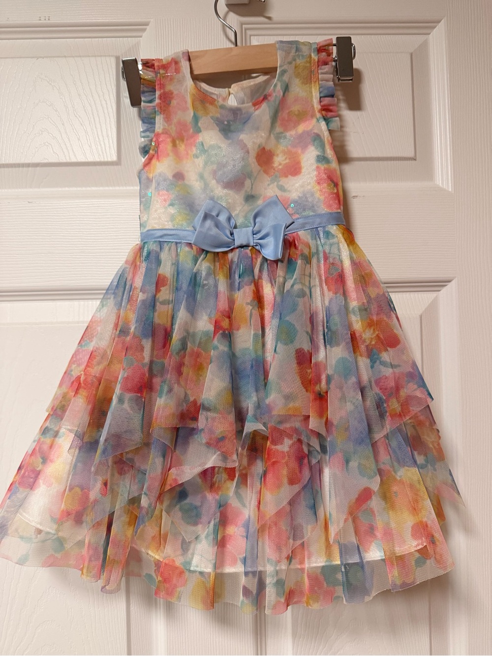 Jona Michelle Multicolor Floral Tulle Dress with Blue Bow